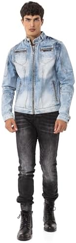 Cipo & Baxx Herren Jeansjacke – Klassisch, Leder, Sport – Knopf und Reißverschluss – Sweat-Kapuze und Sweatärmeln – Mode