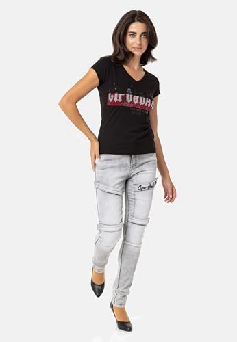 Cipo & Baxx Damen T-Shirt Print Strasssteine Baumwolle Rundhals