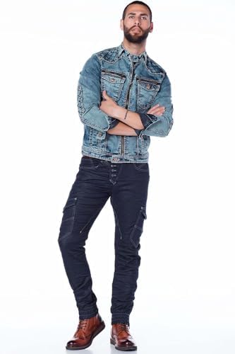 Cipo & Baxx Herren Jeansjacke – Klassisch, Leder, Sport – Knopf und Reißverschluss – Sweat-Kapuze und Sweatärmeln – Mode