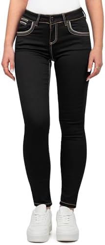Cipo & Baxx Damen Jeans - Slim Fit & Used Look | Modische Kontrastnähte & Mehrtaschen | Bequeme Stretch-Jeans