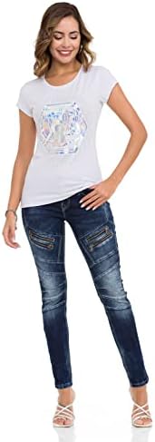 Cipo & Baxx Damen T-Shirt Print Strasssteine Baumwolle Rundhals