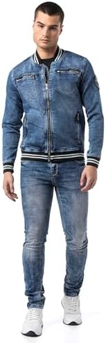 Cipo & Baxx Herren Jeansjacke – Klassisch, Leder, Sport – Knopf und Reißverschluss – Sweat-Kapuze und Sweatärmeln – Mode