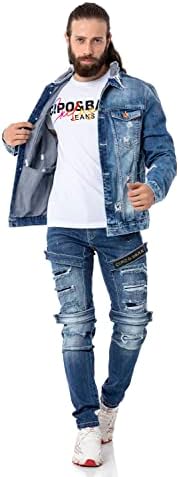 Cipo & Baxx Herren Jeansjacke – Klassisch, Leder, Sport – Knopf und Reißverschluss – Sweat-Kapuze und Sweatärmeln – Mode