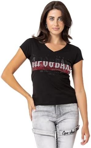 Cipo & Baxx Damen T-Shirt Print Strasssteine Baumwolle Rundhals