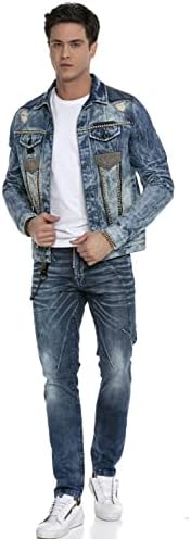 Cipo & Baxx Herren Jeansjacke – Klassisch, Leder, Sport – Knopf und Reißverschluss – Sweat-Kapuze und Sweatärmeln – Mode
