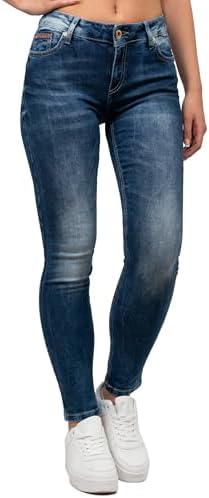 Cipo & Baxx Damen Jeans - Slim Fit & Used Look | Modische Kontrastnähte & Mehrtaschen | Bequeme Stretch-Jeans