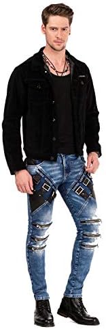 Cipo & Baxx Herren Jeansjacke – Klassisch, Leder, Sport – Knopf und Reißverschluss – Sweat-Kapuze und Sweatärmeln – Mode