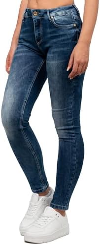 Cipo & Baxx Damen Jeans - Slim Fit & Used Look | Modische Kontrastnähte & Mehrtaschen | Bequeme Stretch-Jeans