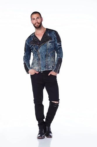 Cipo & Baxx Herren Jeansjacke – Klassisch, Leder, Sport – Knopf und Reißverschluss – Sweat-Kapuze und Sweatärmeln – Mode