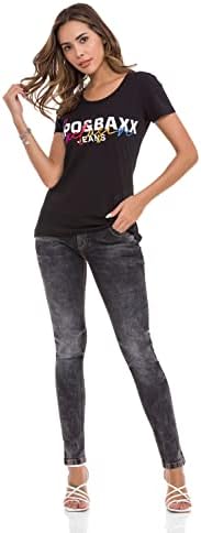 Cipo & Baxx Damen T-Shirt Print Strasssteine Baumwolle Rundhals