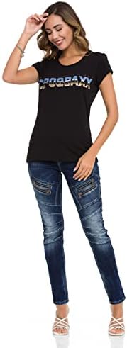 Cipo & Baxx Damen T-Shirt Print Strasssteine Baumwolle Rundhals