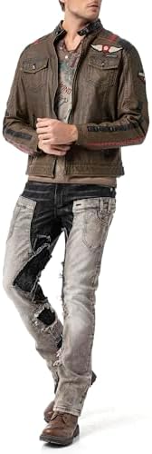 Cipo & Baxx Herren Jeansjacke – Klassisch, Leder, Sport – Knopf und Reißverschluss – Sweat-Kapuze und Sweatärmeln – Mode