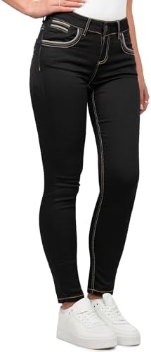 Cipo & Baxx Damen Jeans - Slim Fit & Used Look | Modische Kontrastnähte & Mehrtaschen | Bequeme Stretch-Jeans