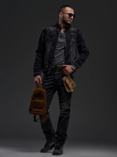 Cipo & Baxx Herren Jeansjacke – Klassisch, Leder, Sport – Knopf und Reißverschluss – Sweat-Kapuze und Sweatärmeln – Mode