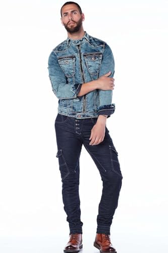 Cipo & Baxx Herren Jeansjacke – Klassisch, Leder, Sport – Knopf und Reißverschluss – Sweat-Kapuze und Sweatärmeln – Mode