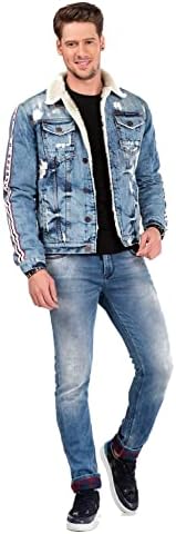 Cipo & Baxx Herren Jeansjacke – Klassisch, Leder, Sport – Knopf und Reißverschluss – Sweat-Kapuze und Sweatärmeln – Mode
