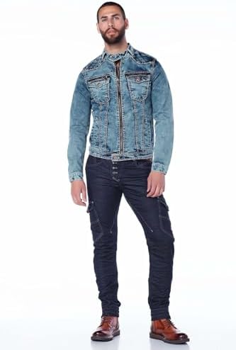 Cipo & Baxx Herren Jeansjacke – Klassisch, Leder, Sport – Knopf und Reißverschluss – Sweat-Kapuze und Sweatärmeln – Mode