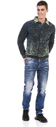 Cipo & Baxx Herren Jeansjacke – Klassisch, Leder, Sport – Knopf und Reißverschluss – Sweat-Kapuze und Sweatärmeln – Mode