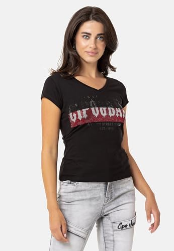 Cipo & Baxx Damen T-Shirt Print Strasssteine Baumwolle Rundhals