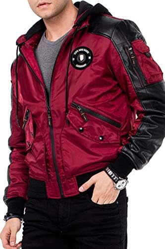 Cipo & Baxx Herren Bomberjacke - College Jacke, Biker Stil, Kapuze, CM134, Rot, Übergangsjacke