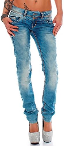 Cipo & Baxx Damen Jeans - Slim Fit & Used Look | Modische Kontrastnähte & Mehrtaschen | Bequeme Stretch-Jeans