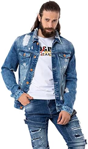 Cipo & Baxx Herren Jeansjacke – Klassisch, Leder, Sport – Knopf und Reißverschluss – Sweat-Kapuze und Sweatärmeln – Mode