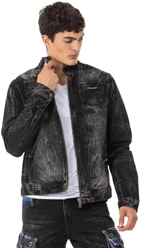 Cipo & Baxx Herren Jeansjacke – Klassisch, Leder, Sport – Knopf und Reißverschluss – Sweat-Kapuze und Sweatärmeln – Mode