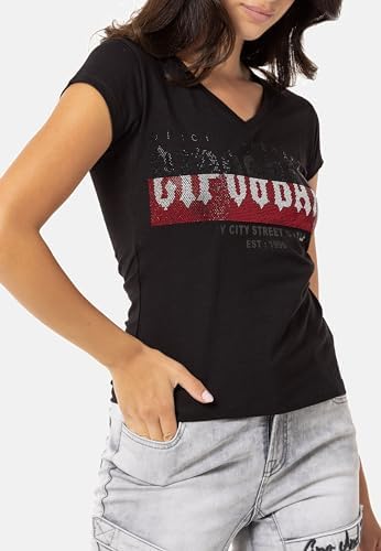 Cipo & Baxx Damen T-Shirt Print Strasssteine Baumwolle Rundhals