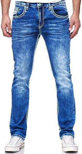Dicke Naht Herren Jeans Hose Levin - Stretchdenim, NeonGrün, Kontrastnaht, Streetwear Fit, 32 + 34 Länge