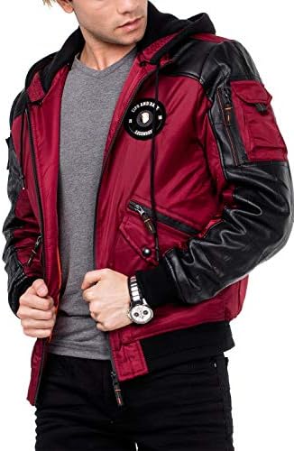Cipo & Baxx Herren Bomberjacke - College Jacke, Biker Stil, Kapuze, CM134, Rot, Übergangsjacke
