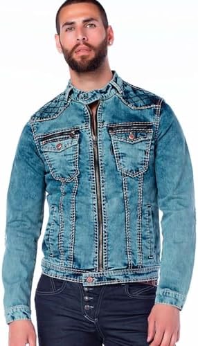 Cipo & Baxx Herren Jeansjacke – Klassisch, Leder, Sport – Knopf und Reißverschluss – Sweat-Kapuze und Sweatärmeln – Mode