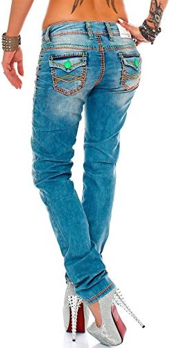 Cipo & Baxx Damen Jeans - Slim Fit & Used Look | Modische Kontrastnähte & Mehrtaschen | Bequeme Stretch-Jeans