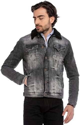 Cipo & Baxx Herren Jeansjacke – Klassisch, Leder, Sport – Knopf und Reißverschluss – Sweat-Kapuze und Sweatärmeln – Mode
