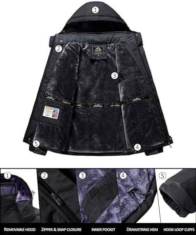 KEFITEVD Wasserabweisende Skijacke für HerrenWinter Outdoorjacke mit Abnehmbarer Kapuze und Warmem Gefüttertem Fleece |