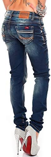 Cipo & Baxx Damen Jeans - Slim Fit & Used Look | Modische Kontrastnähte & Mehrtaschen | Bequeme Stretch-Jeans