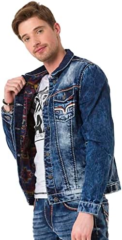 Cipo & Baxx Herren Jeansjacke – Klassisch, Leder, Sport – Knopf und Reißverschluss – Sweat-Kapuze und Sweatärmeln – Mode