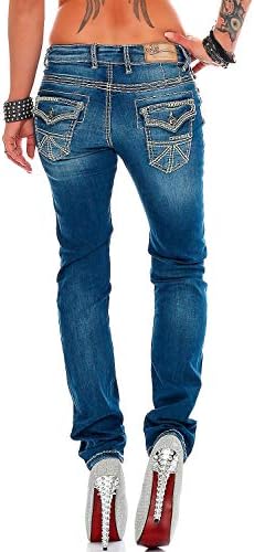 Cipo & Baxx Damen Jeans - Slim Fit & Used Look | Modische Kontrastnähte & Mehrtaschen | Bequeme Stretch-Jeans