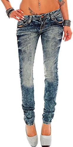 Cipo & Baxx Damen Jeans - Slim Fit & Used Look | Modische Kontrastnähte & Mehrtaschen | Bequeme Stretch-Jeans