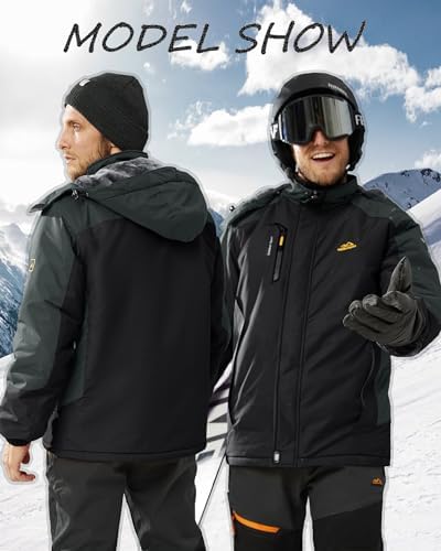 KEFITEVD Wasserabweisende Skijacke für HerrenWinter Outdoorjacke mit Abnehmbarer Kapuze und Warmem Gefüttertem Fleece |