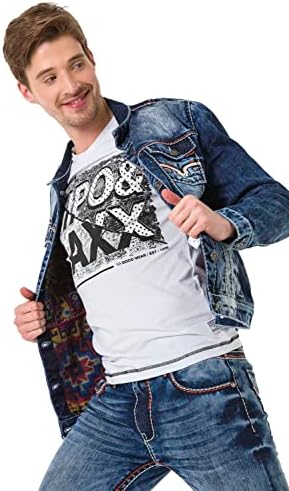 Cipo & Baxx Herren Jeansjacke – Klassisch, Leder, Sport – Knopf und Reißverschluss – Sweat-Kapuze und Sweatärmeln – Mode