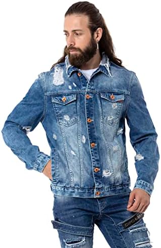 Cipo & Baxx Herren Jeansjacke – Klassisch, Leder, Sport – Knopf und Reißverschluss – Sweat-Kapuze und Sweatärmeln – Mode