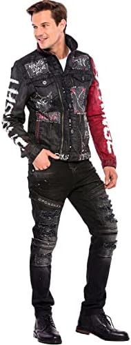 Cipo & Baxx Herren Jeansjacke – Klassisch, Leder, Sport – Knopf und Reißverschluss – Sweat-Kapuze und Sweatärmeln – Mode