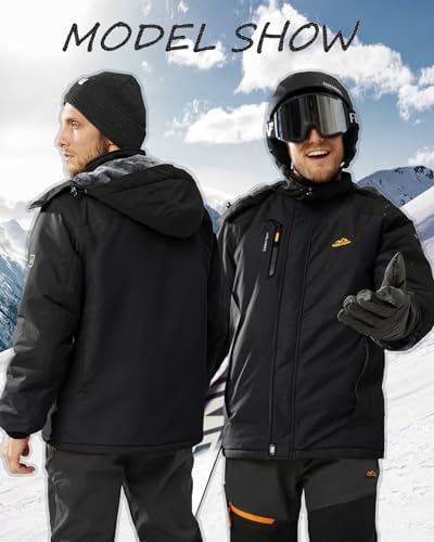 KEFITEVD Wasserabweisende Skijacke für HerrenWinter Outdoorjacke mit Abnehmbarer Kapuze und Warmem Gefüttertem Fleece |