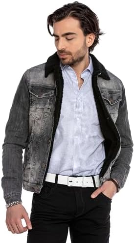 Cipo & Baxx Herren Jeansjacke – Klassisch, Leder, Sport – Knopf und Reißverschluss – Sweat-Kapuze und Sweatärmeln – Mode