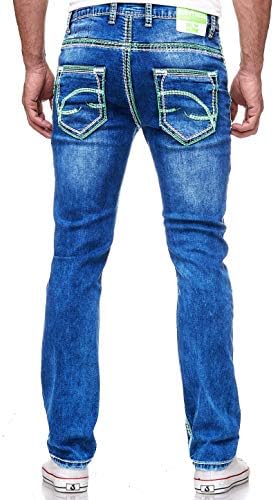 Dicke Naht Herren Jeans Hose Levin - Stretchdenim, NeonGrün, Kontrastnaht, Streetwear Fit, 32 + 34 Länge