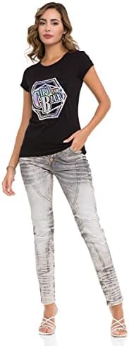 Cipo & Baxx Damen T-Shirt Print Strasssteine Baumwolle Rundhals