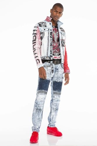 Cipo & Baxx Herren Jeansjacke – Klassisch, Leder, Sport – Knopf und Reißverschluss – Sweat-Kapuze und Sweatärmeln – Mode