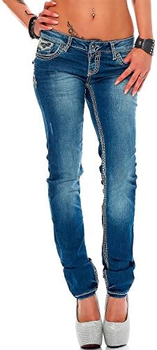Cipo & Baxx Damen Jeans - Slim Fit & Used Look | Modische Kontrastnähte & Mehrtaschen | Bequeme Stretch-Jeans
