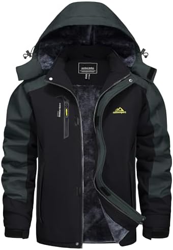 KEFITEVD Wasserabweisende Skijacke für HerrenWinter Outdoorjacke mit Abnehmbarer Kapuze und Warmem Gefüttertem Fleece |