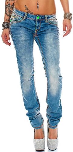 Cipo & Baxx Damen Jeans - Slim Fit & Used Look | Modische Kontrastnähte & Mehrtaschen | Bequeme Stretch-Jeans